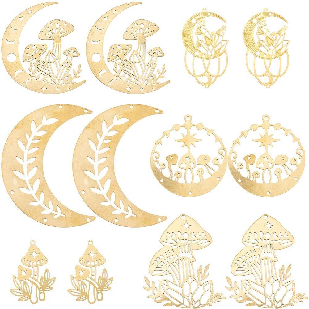 9374 1 Box 12Pcs 6 Styles Hollow Moon Charms Gold Mushroom Charm Brass